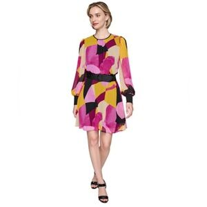 Vibrant Long Sleeve Dress with Belt